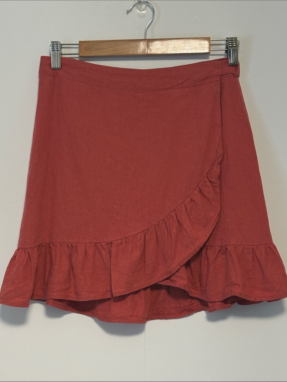 Women’s Dark Coral Linen Blend Ruffle Wrap Skirt